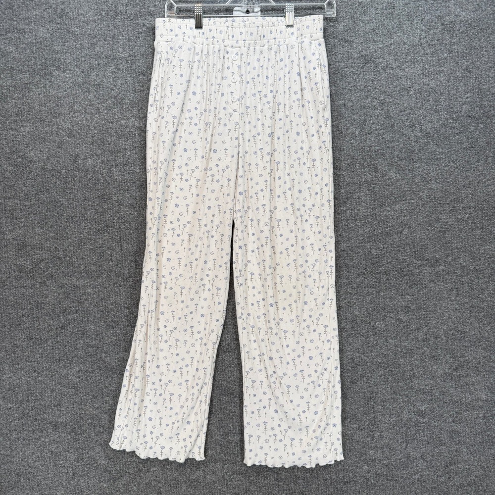 Sunkissed Coconut Pants Womens Medium White Floral Ribbed Knit Wide Leg Lounge